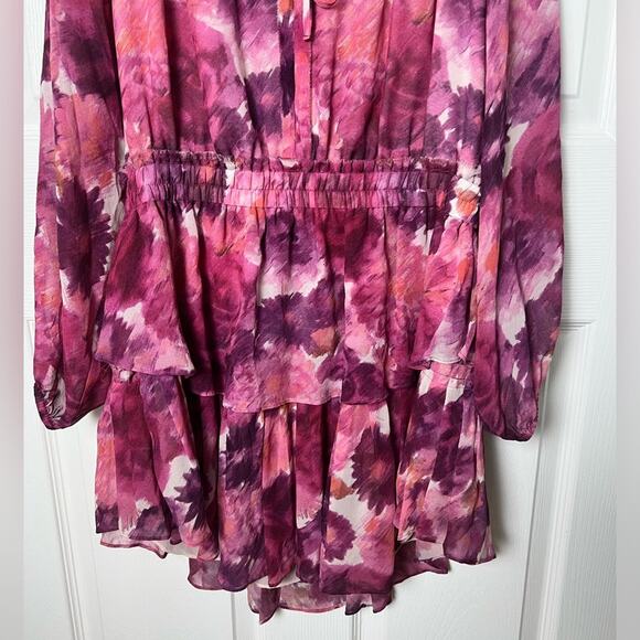 LoveShackFancy Silk Pink Smocked Waist V Neck Frill Popover Floral Mini Dress L - Picture 7 of 10